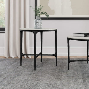 Mesa auxiliar redonda de metal con tapa de mármol auténtico Hermas, color blanco