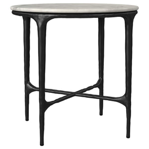 Mesa auxiliar redonda de metal con tapa de mármol auténtico Hermas, color blanco