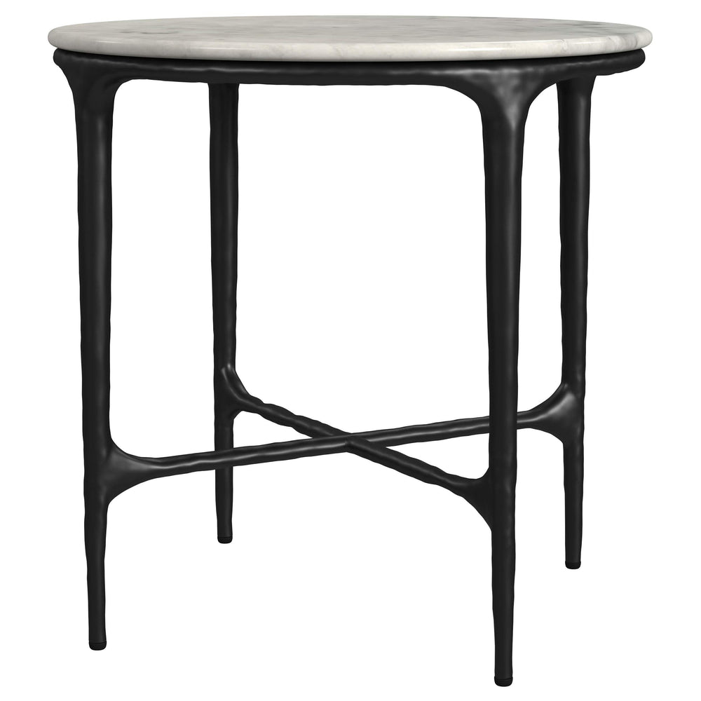 Mesa auxiliar redonda de metal con tapa de mármol auténtico Hermas, color blanco
