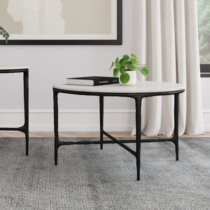 Mesa de centro redonda de metal con superficie de mármol auténtico Hermas, color blanco