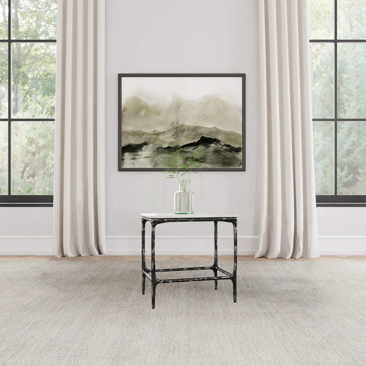 Mesa auxiliar cuadrada Ebby de metal con tapa de mármol auténtico, color blanco