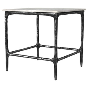Mesa auxiliar cuadrada Ebby de metal con tapa de mármol auténtico, color blanco