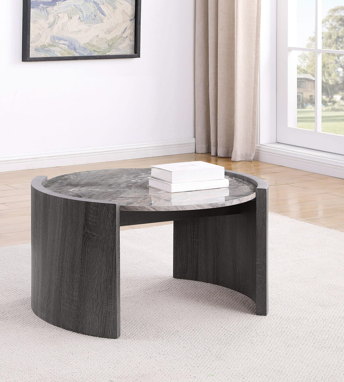 Mesa de centro redonda Gladstone con superficie de imitación de mármol, gris envejecido