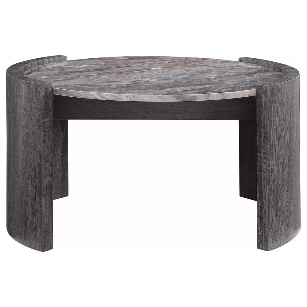 Mesa de centro redonda Gladstone con superficie de imitación de mármol, gris envejecido