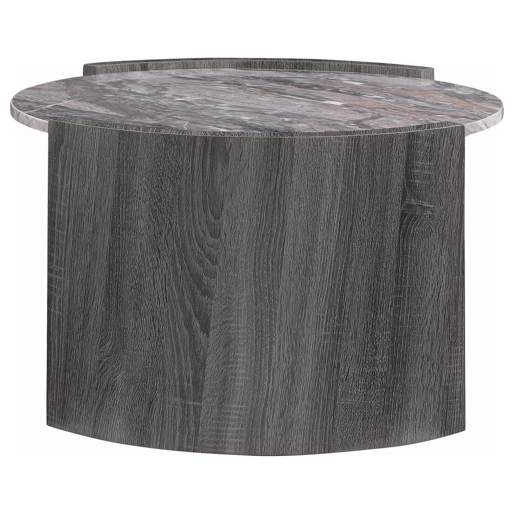 Mesa de centro redonda Gladstone con superficie de imitación de mármol, gris envejecido