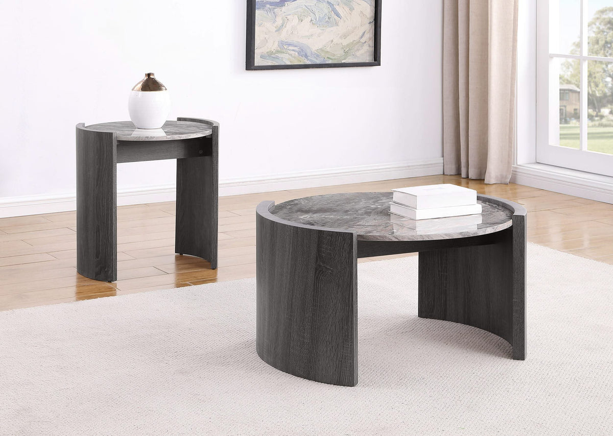 Mesa de centro redonda Gladstone con superficie de imitación de mármol, gris envejecido