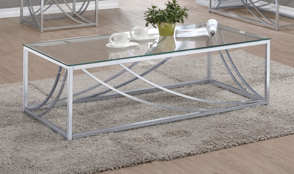 Mesa de centro rectangular Lille con tapa de cristal cromada