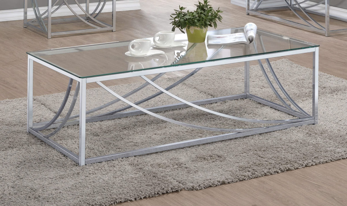 Mesa de centro rectangular Lille con tapa de cristal cromada