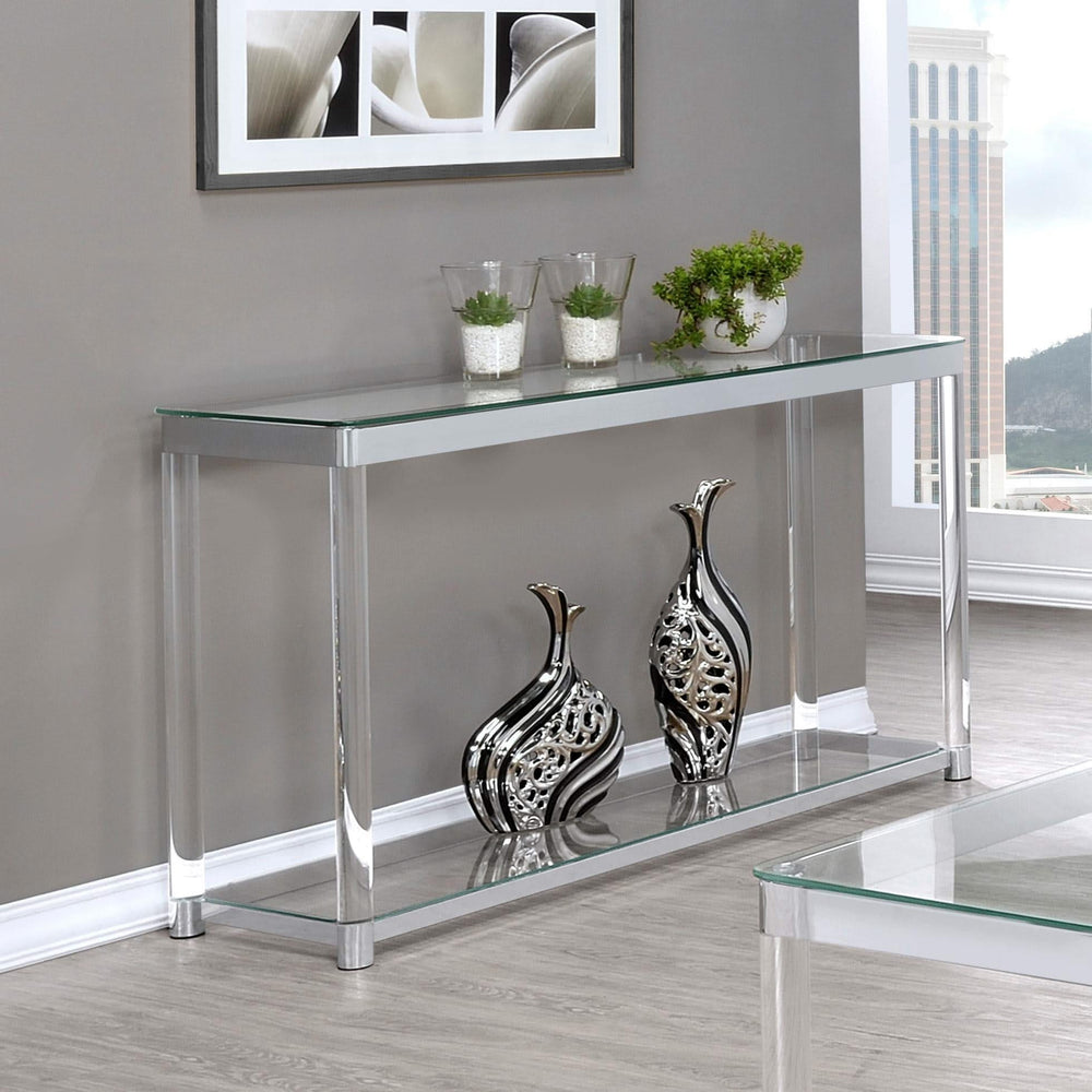 Mesa consola para sofá de entrada con tapa de vidrio acrílico Anne, cromada