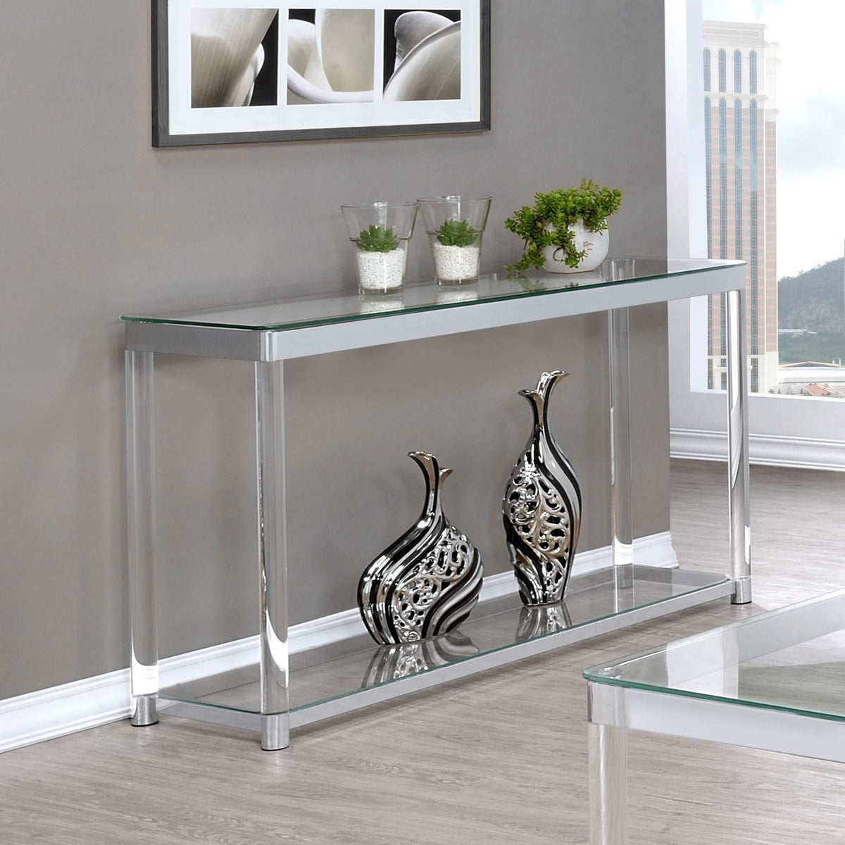 Mesa consola para sofá de entrada con tapa de vidrio acrílico Anne, cromada