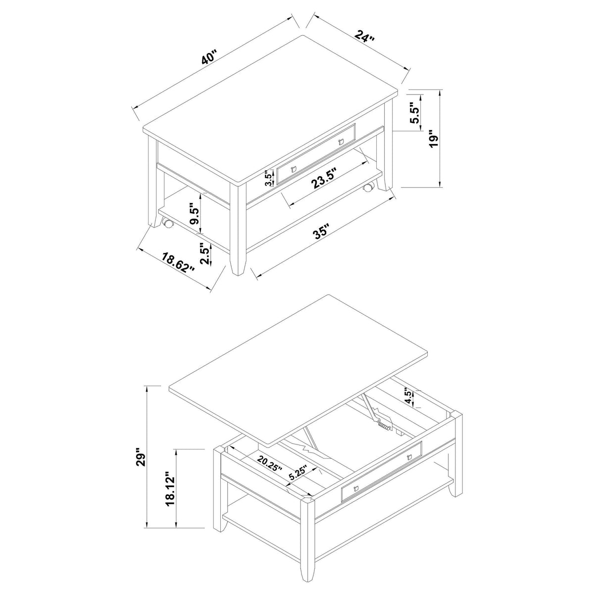 Mesa de centro elevable de madera rectangular Bradford en nogal