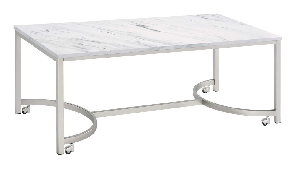 Mesa de centro Leona de imitación mármol con ruedas en níquel satinado