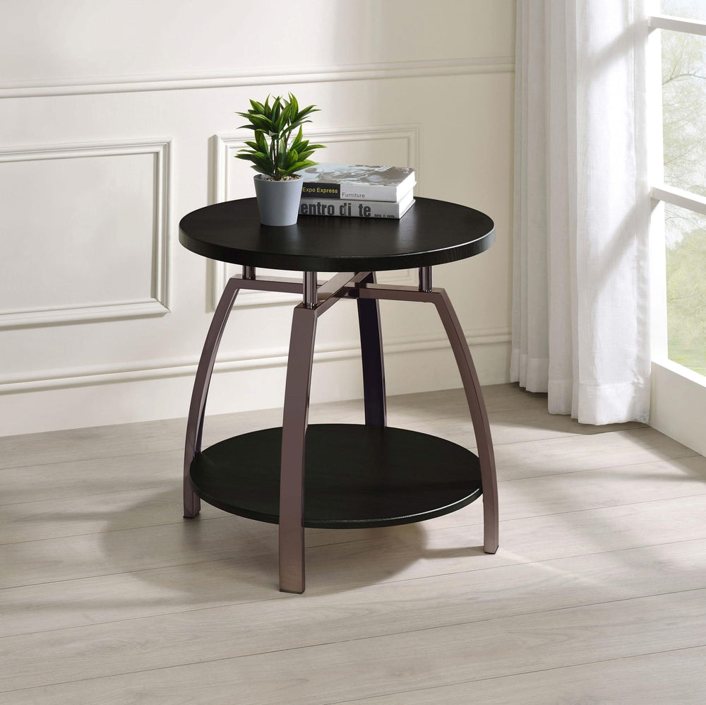 Mesa auxiliar redonda Dacre con tablero de madera de ingeniería, color carbón oscuro