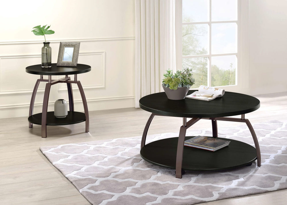 Mesa auxiliar redonda Dacre con tablero de madera de ingeniería, color carbón oscuro