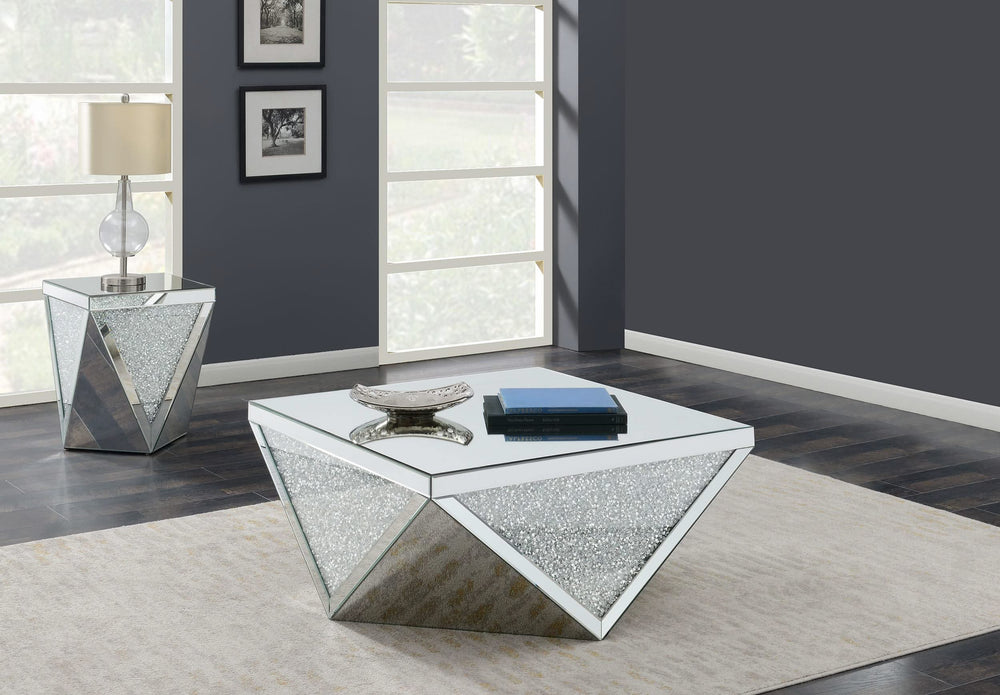 Juego de mesa de centro y auxiliar con espejo de 2 piezas Amore, color plateado