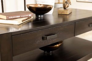 Mesa de centro rectangular Meredith con dos cajones, color grano de café