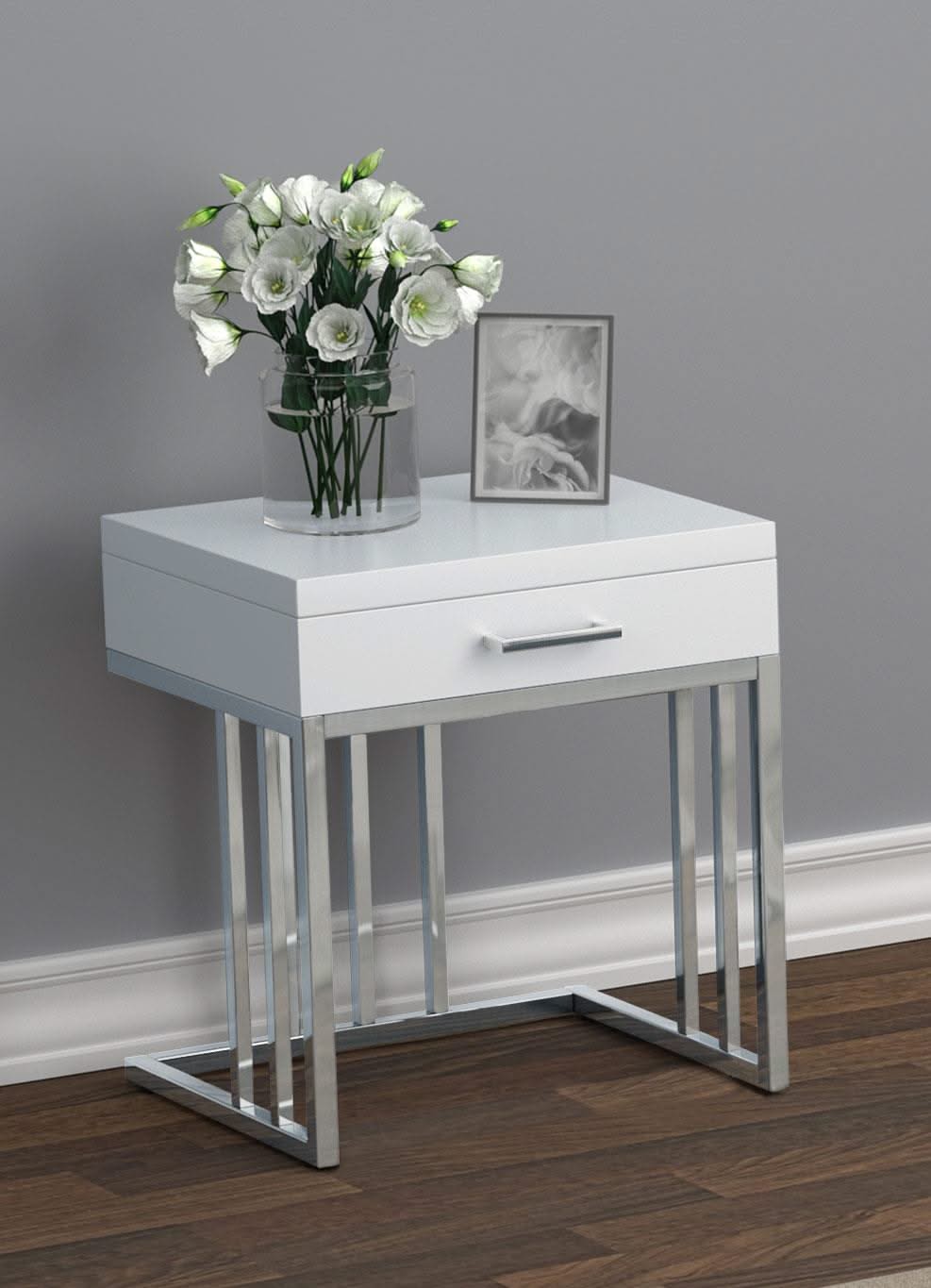 Mesa auxiliar rectangular Dalya de 1 cajón en blanco brillante y cromo