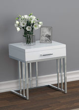 Mesa auxiliar rectangular Dalya de 1 cajón en blanco brillante y cromo