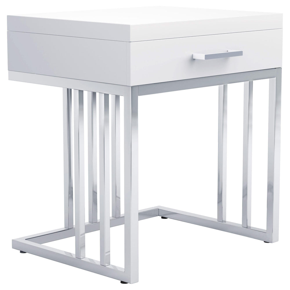Mesa auxiliar rectangular Dalya de 1 cajón en blanco brillante y cromo
