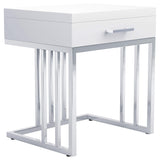Mesa auxiliar rectangular Dalya de 1 cajón en blanco brillante y cromo