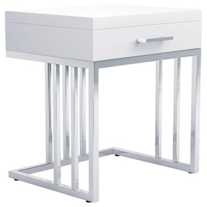 Mesa auxiliar rectangular Dalya de 1 cajón en blanco brillante y cromo