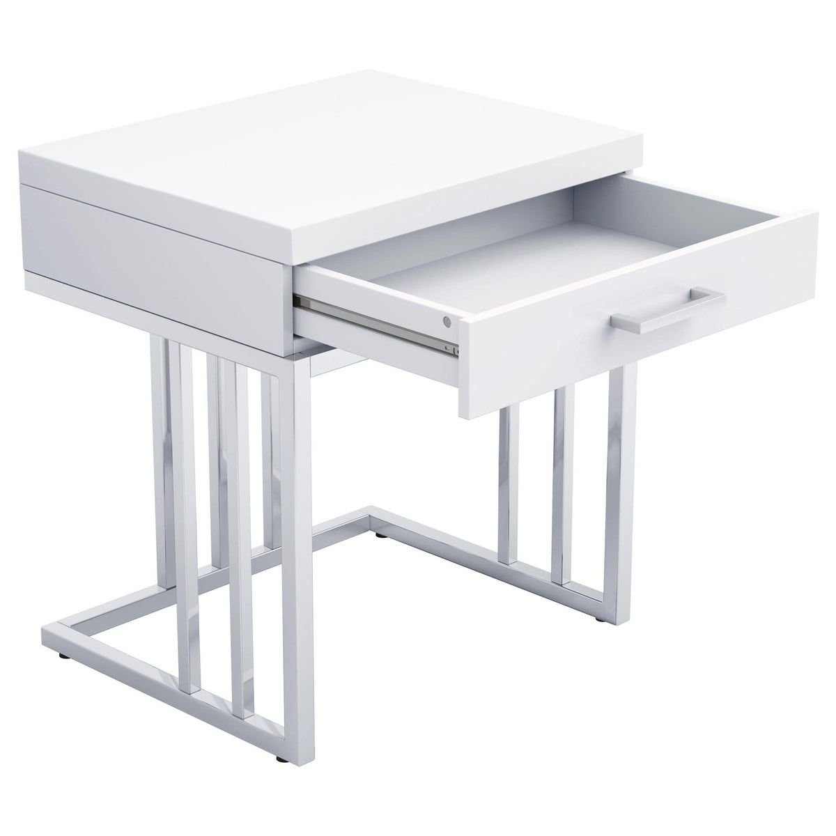 Mesa auxiliar rectangular Dalya de 1 cajón en blanco brillante y cromo