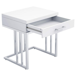 Mesa auxiliar rectangular Dalya de 1 cajón en blanco brillante y cromo