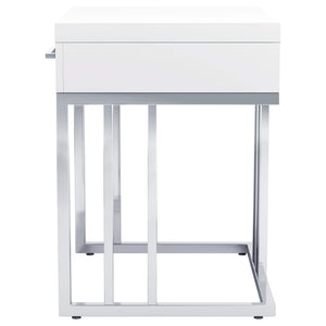 Mesa auxiliar rectangular Dalya de 1 cajón en blanco brillante y cromo