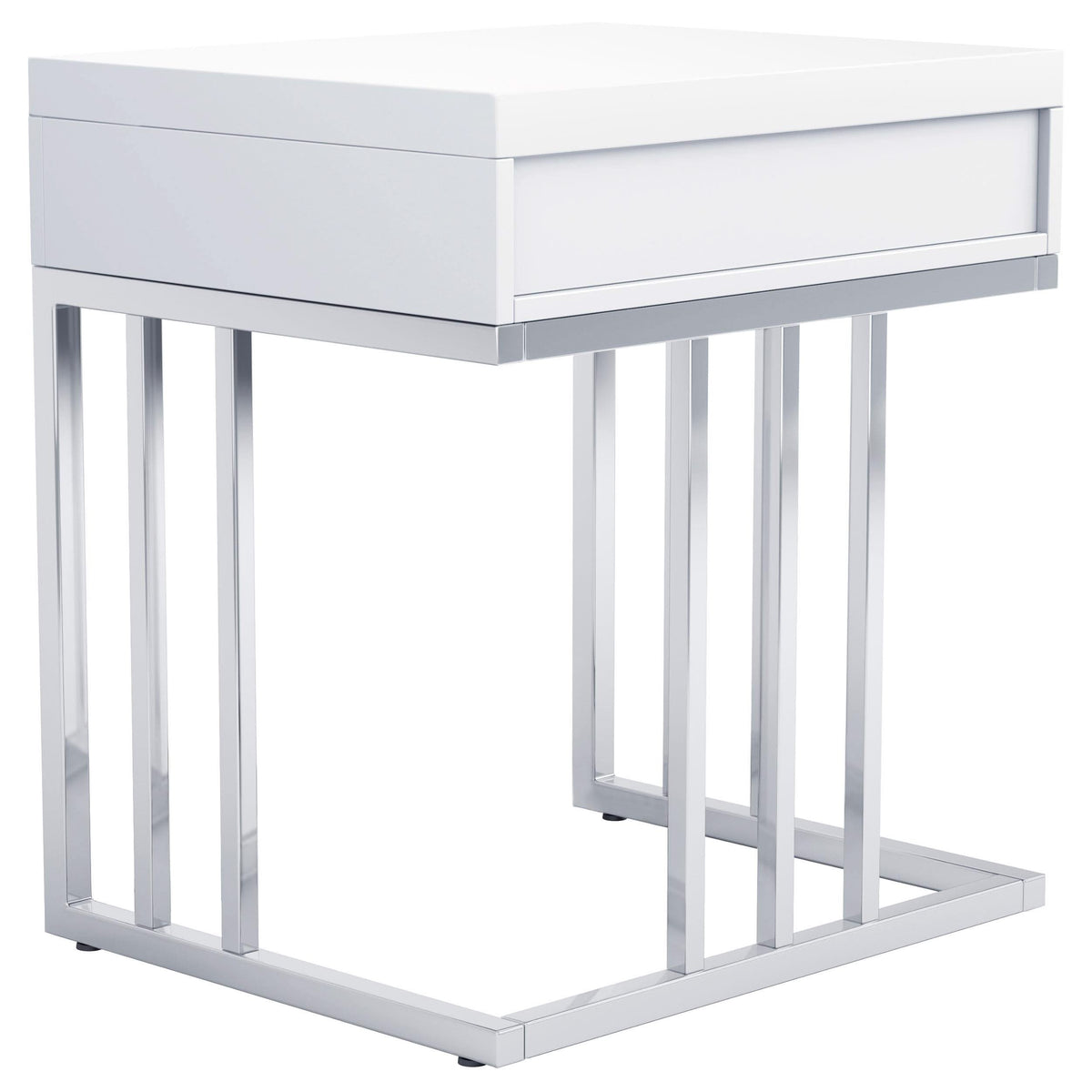 Mesa auxiliar rectangular Dalya de 1 cajón en blanco brillante y cromo