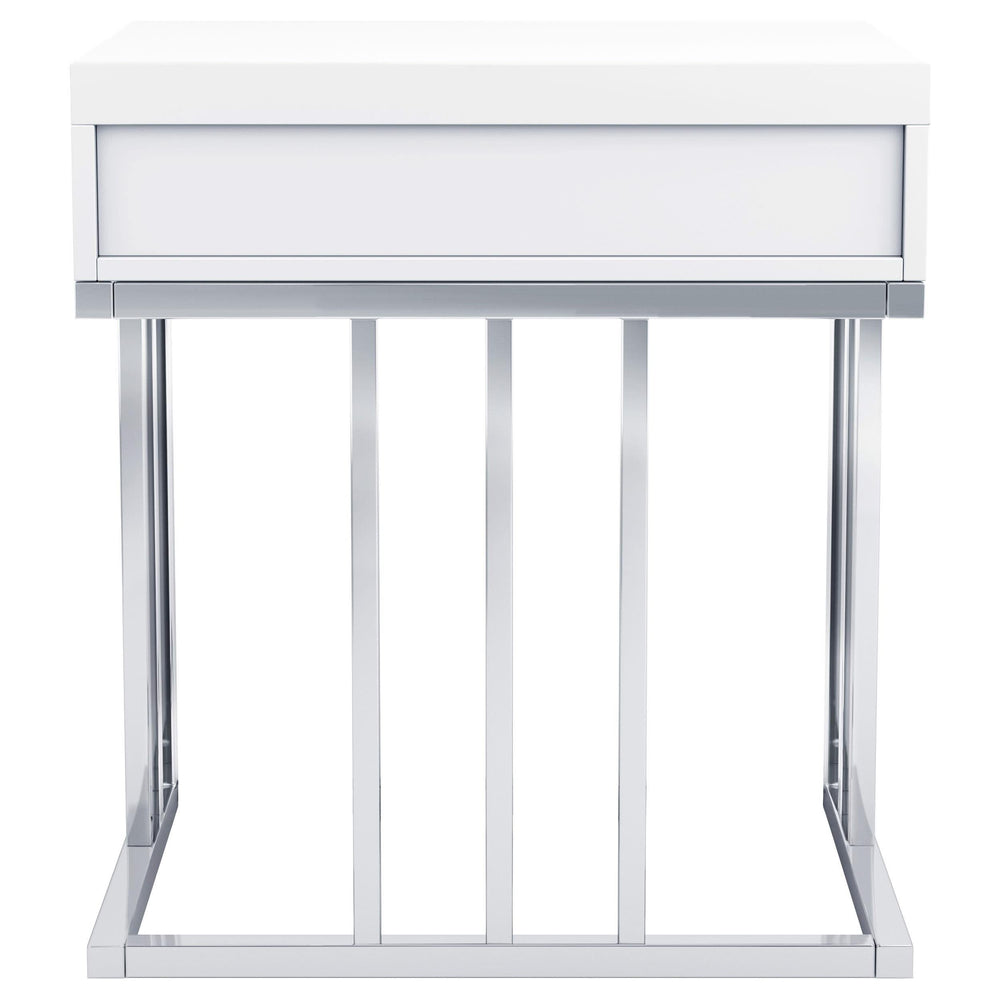 Mesa auxiliar rectangular Dalya de 1 cajón en blanco brillante y cromo