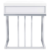 Mesa auxiliar rectangular Dalya de 1 cajón en blanco brillante y cromo