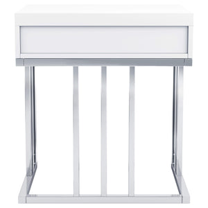 Mesa auxiliar rectangular Dalya de 1 cajón en blanco brillante y cromo