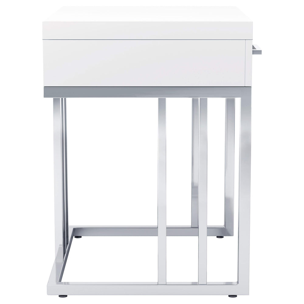 Mesa auxiliar rectangular Dalya de 1 cajón en blanco brillante y cromo