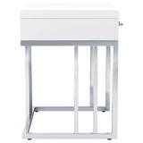 Mesa auxiliar rectangular Dalya de 1 cajón en blanco brillante y cromo