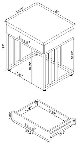 Mesa auxiliar rectangular Dalya de 1 cajón en blanco brillante y cromo
