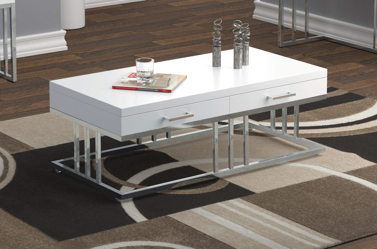 Mesa de centro rectangular Dalya de 2 cajones en blanco de alto brillo