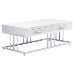 Mesa de centro rectangular Dalya de 2 cajones en blanco de alto brillo