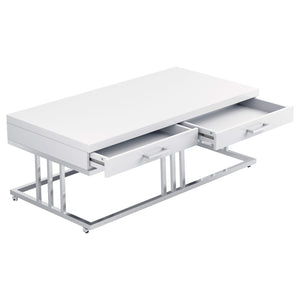 Mesa de centro rectangular Dalya de 2 cajones en blanco de alto brillo