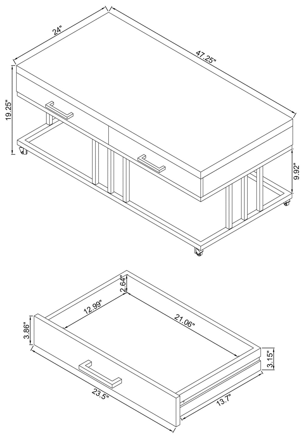 Mesa de centro rectangular Dalya de 2 cajones en blanco de alto brillo