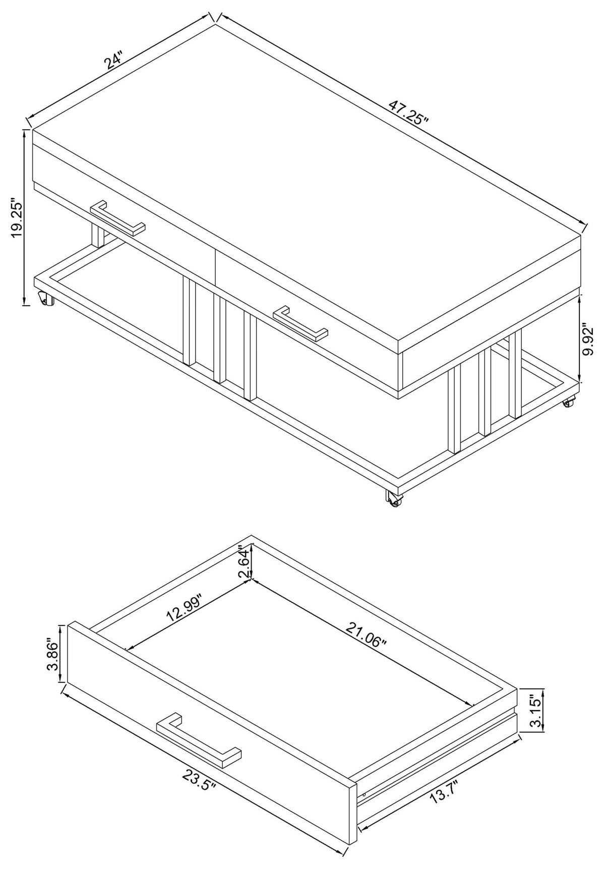 Mesa de centro rectangular Dalya de 2 cajones en blanco de alto brillo