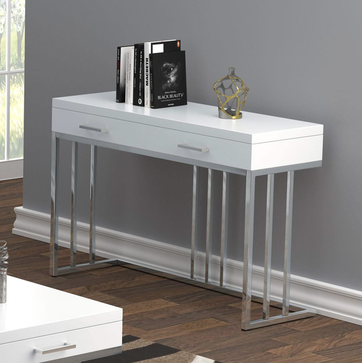Mesa de sofá rectangular Dalya con 2 cajones en blanco brillante y cromo