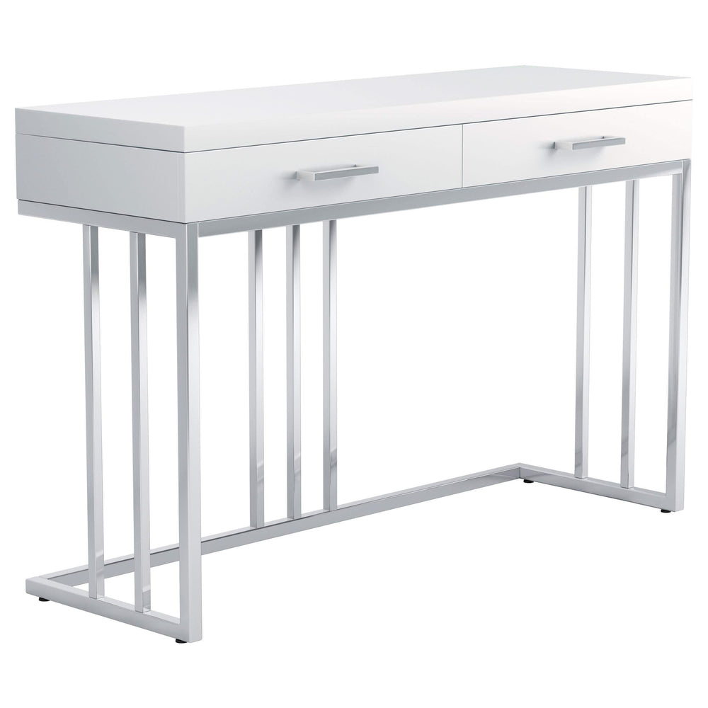 Mesa de sofá rectangular Dalya con 2 cajones en blanco brillante y cromo