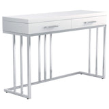 Mesa de sofá rectangular Dalya con 2 cajones en blanco brillante y cromo