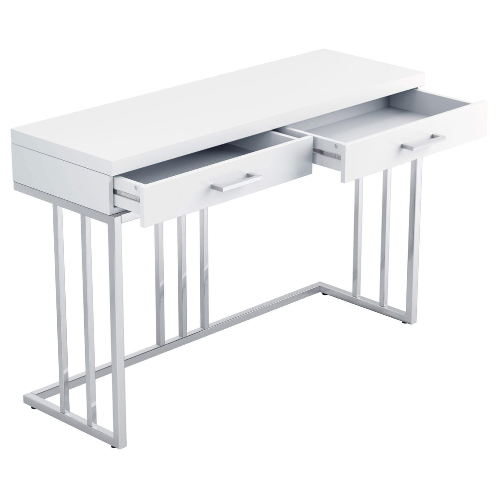 Mesa de sofá rectangular Dalya con 2 cajones en blanco brillante y cromo