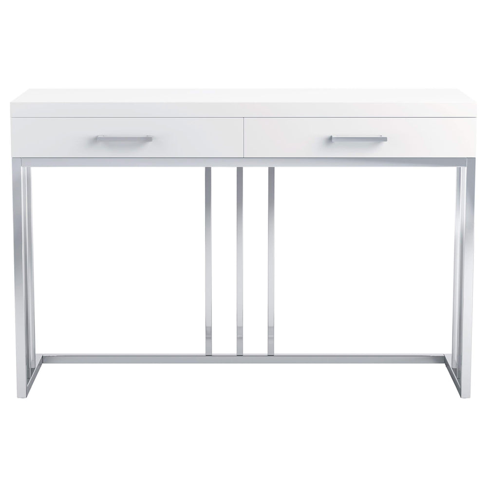 Mesa de sofá rectangular Dalya con 2 cajones en blanco brillante y cromo