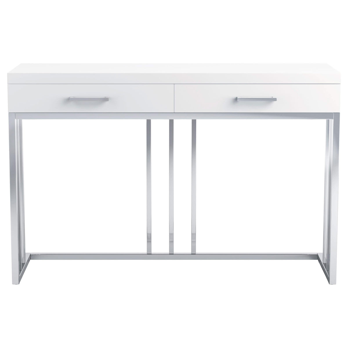 Mesa de sofá rectangular Dalya con 2 cajones en blanco brillante y cromo
