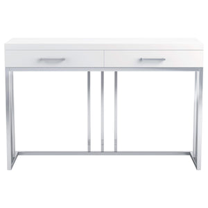 Mesa de sofá rectangular Dalya con 2 cajones en blanco brillante y cromo