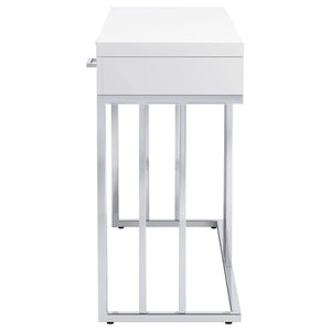 Mesa de sofá rectangular Dalya con 2 cajones en blanco brillante y cromo