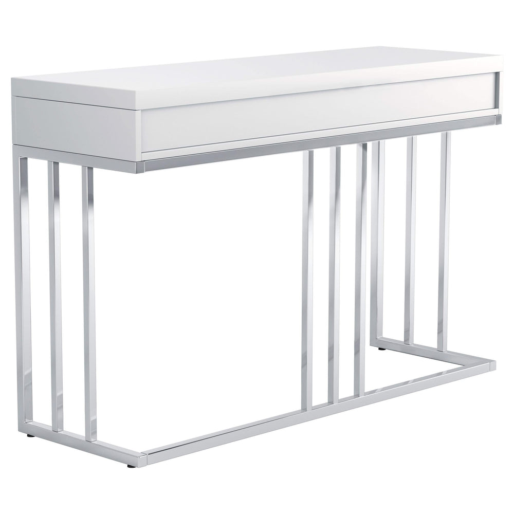Mesa de sofá rectangular Dalya con 2 cajones en blanco brillante y cromo