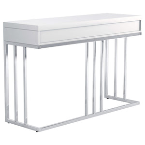 Mesa de sofá rectangular Dalya con 2 cajones en blanco brillante y cromo